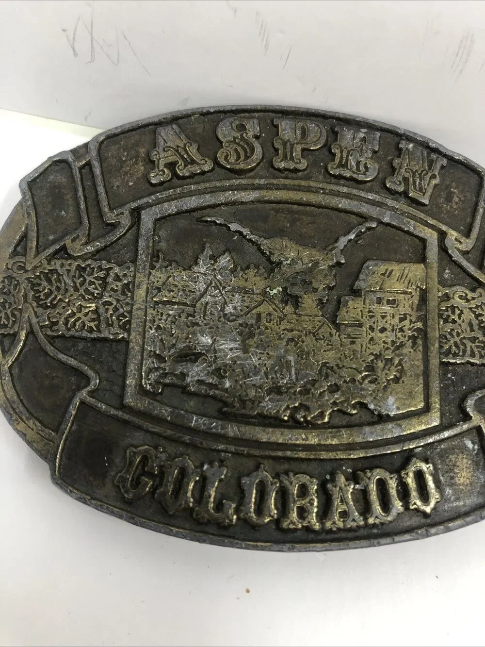 Belt Buckle Aspen Colorado Dark Brass or Bronze Colorado  3 1/4 “x 2 1/2
